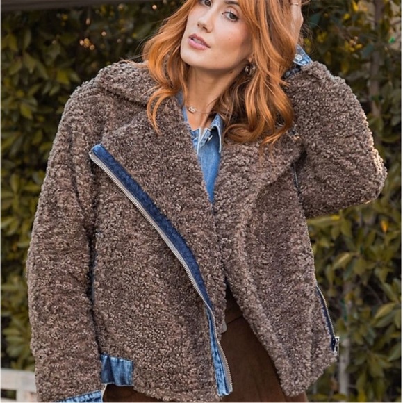 Easel Mocha Asymmetric Zip Lapel Collared Neckline Teddy Fur Denim Sherpa Jacket - Picture 3 of 13